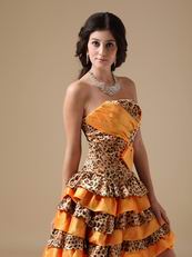 Sun Orange Cocktail Dress With Leopard Fabric Layers Skirt