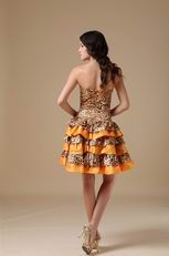 Sun Orange Cocktail Dress With Leopard Fabric Layers Skirt