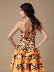 Sun Orange Cocktail Dress With Leopard Fabric Layers Skirt