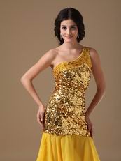 One Shoulder Golden Flaring Sequin Fabric Dress To Cocktail