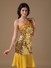 One Shoulder Golden Flaring Sequin Fabric Dress To Cocktail