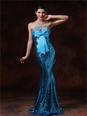 Mermaid Bowknot Decorate Prom Gowns Cover With Blue Paillette Sexy Lady Wear