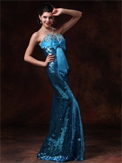 Mermaid Bowknot Decorate Prom Gowns Cover With Blue Paillette Sexy Lady Wear