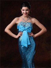 Mermaid Bowknot Decorate Prom Gowns Cover With Blue Paillette Sexy Lady Wear