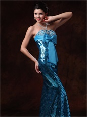 Mermaid Bowknot Decorate Prom Gowns Cover With Blue Paillette Sexy Lady Wear