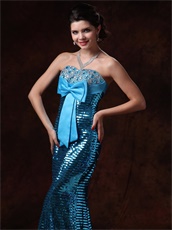 Mermaid Bowknot Decorate Prom Gowns Cover With Blue Paillette Sexy Lady Wear