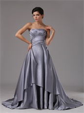 Strapless Silver Satin A-Line Cascade Prom Dresses Corset Back