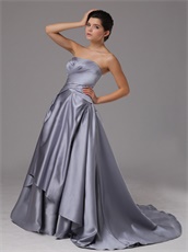 Strapless Silver Satin A-Line Cascade Prom Dresses Corset Back