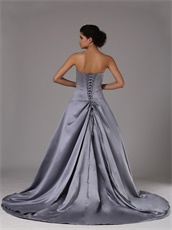 Strapless Silver Satin A-Line Cascade Prom Dresses Corset Back