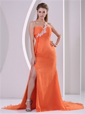 Orange One Shoulder Side High Slit Court Train Prom Pageant Dress DHL