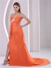 Orange One Shoulder Side High Slit Court Train Prom Pageant Dress DHL