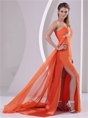 Orange One Shoulder Side High Slit Court Train Prom Pageant Dress DHL