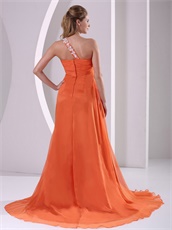 Orange One Shoulder Side High Slit Court Train Prom Pageant Dress DHL
