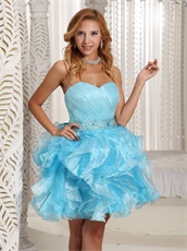 Crystals Belt Light Blue and Aqua Mixed Ruffles Cocktail Party Dress