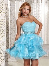 Crystals Belt Light Blue and Aqua Mixed Ruffles Cocktail Party Dress