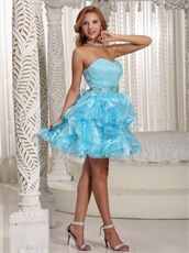 Crystals Belt Light Blue and Aqua Mixed Ruffles Cocktail Party Dress