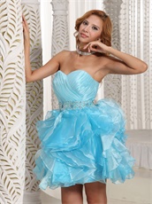 Crystals Belt Light Blue and Aqua Mixed Ruffles Cocktail Party Dress