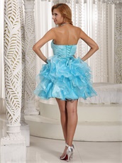 Crystals Belt Light Blue and Aqua Mixed Ruffles Cocktail Party Dress