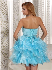 Crystals Belt Light Blue and Aqua Mixed Ruffles Cocktail Party Dress