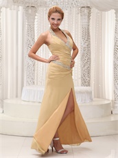 Inexpensive Beaded Decorate Halter Champagne Evening Dress Shows Sexy Leg