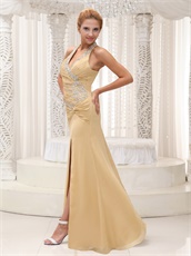 Inexpensive Beaded Decorate Halter Champagne Evening Dress Shows Sexy Leg