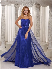 Royal Blue Sequin Lace Stylish Prom Dress With Chiffon Train From Waist