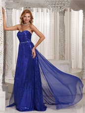 Royal Blue Sequin Lace Stylish Prom Dress With Chiffon Train From Waist