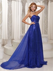 Royal Blue Sequin Lace Stylish Prom Dress With Chiffon Train From Waist