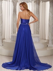 Royal Blue Sequin Lace Stylish Prom Dress With Chiffon Train From Waist