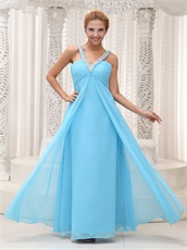 V-neck Ruched Aqua Blue Evening Dress For Drinking Party Slit Below Chest