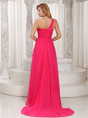 Hot Pink Chiffon Watteau Train Dress to Join Company Annual Meeting