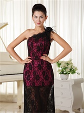 Left Single Strap Feather Decorate Black Lace Evening Gowns With Half Lining