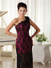 Left Single Strap Feather Decorate Black Lace Evening Gowns With Half Lining