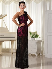 Left Single Strap Feather Decorate Black Lace Evening Gowns With Half Lining