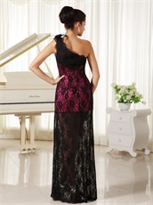 Left Single Strap Feather Decorate Black Lace Evening Gowns With Half Lining