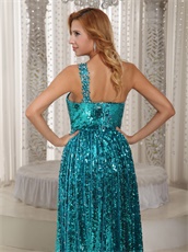 Sparkling Teal Sequin Single Strap Floor Length Graduation Dress