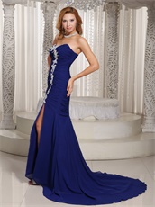 Dark Royal Blue Chiffon Mermaid Evening Dress With Slit Show Leg