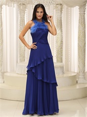 Feather Decorate Halter Top Royal Blue Wrinkled Layers Prom Dresses