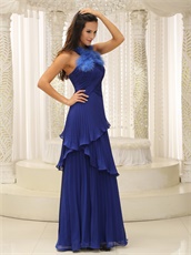 Feather Decorate Halter Top Royal Blue Wrinkled Layers Prom Dresses