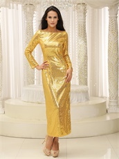 Long Sleeves Sparkle Golden Sequin Side Slit Prom Dress Tea Length