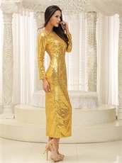 Long Sleeves Sparkle Golden Sequin Side Slit Prom Dress Tea Length