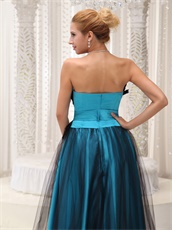 Sky Blue Pageant Prom Dress Covered With Black Tulle and Feather