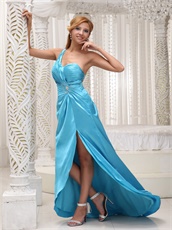 Aqua Blue One Shoulder High Side Slit Maxi Dress Exposed Waist