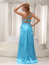 Aqua Blue One Shoulder High Side Slit Maxi Dress Exposed Waist