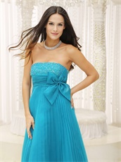 Crinkle Ruching Empire Sky Blue Chiffon Evening Dress With Bowknot 