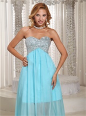 Silver Sequin Bodice Aqua Prom Long Skirt With Knee Length Lining