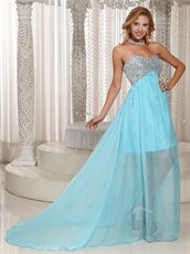 Silver Sequin Bodice Aqua Prom Long Skirt With Knee Length Lining