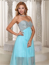 Silver Sequin Bodice Aqua Prom Long Skirt With Knee Length Lining