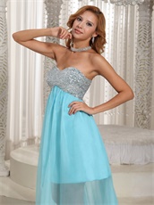 Silver Sequin Bodice Aqua Prom Long Skirt With Knee Length Lining