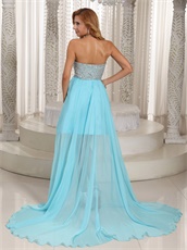 Silver Sequin Bodice Aqua Prom Long Skirt With Knee Length Lining